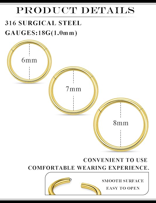 20G 18G 16G 14G 12G 10G 8G 6G 4G 2G Nose Rings Hoops 316l Surgical Steel Clicker Septum Lip Ring Tragus Helix Daith Rook Conch Snug Cartilage Lobe Earrings Hoop Piercing Jewelry For Women Men