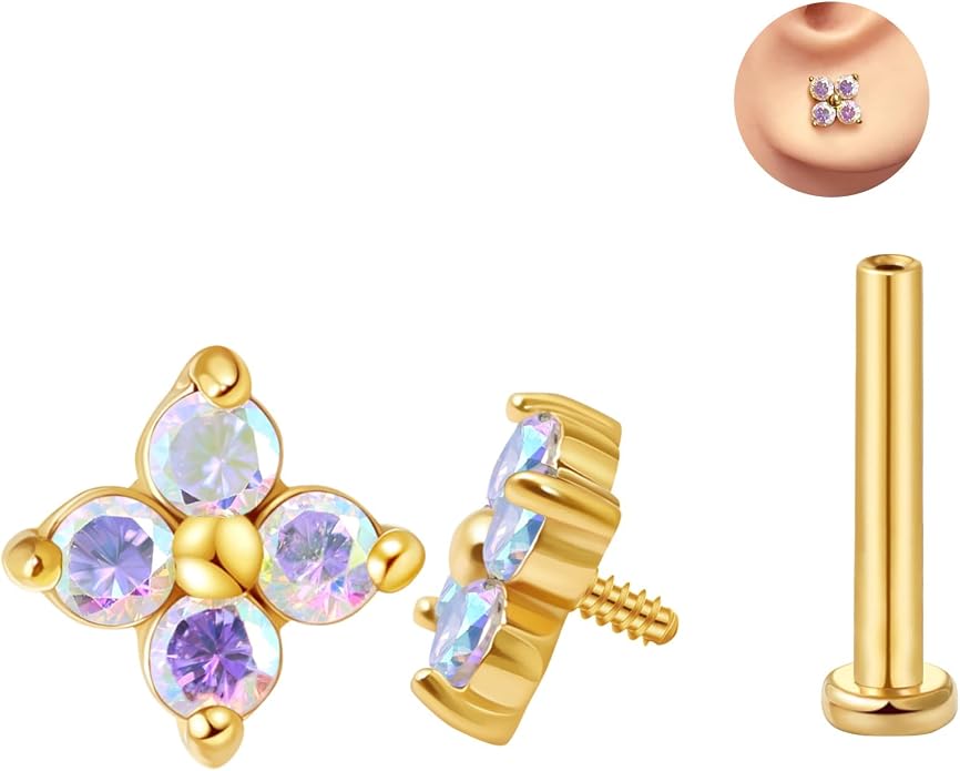 FANSING CZ Flower Internally Threaded Flat Back Earring Labret Stud for Cartilage Tragus Helix Conch