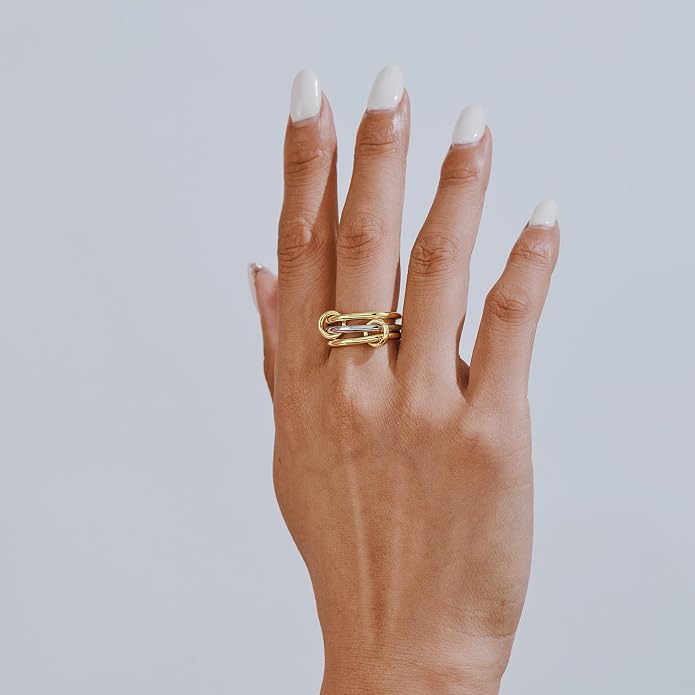 AllenCOCO 14K Gold Plated Stackable Rings, 3 Ring Set with CZ Cubic Zirconia, Gold & Silver Stacked, Interlocking Band for Women Statement