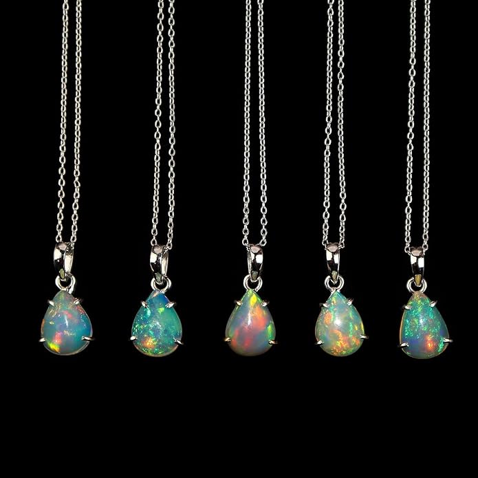 Natural Ethiopian Opal Silver Necklace For Women Dainty Cabochon Pendant, October Birthstone, Real Fire Play Pendants for Women, 925 S Adjustable 18 inch Chain, Mother's Day Jewelry Gift - Mom