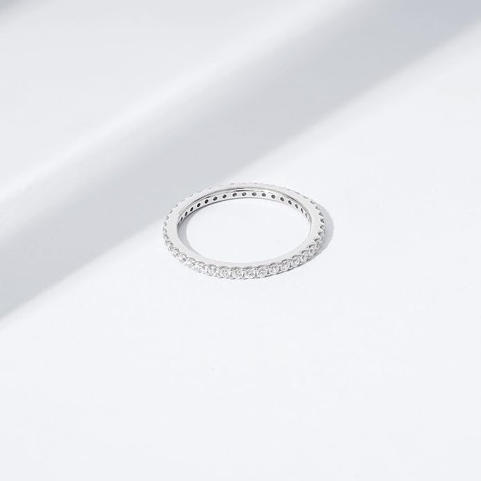 Amazon Essentials Platinum or Gold Plated Sterling Silver All-Around Band Ring set with Round Infinite Elements Cubic Zirconia