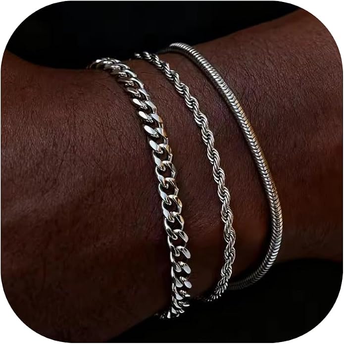 Mens Bracelet - Dainty Gold/Silver Chain Bracelet Stack 14K Gold Plated Silver Bracelets for Men Stainless Steel Adjustable Cross Charm Cuban Link Bracelet Snake Jewelry Set to Men Dad Birthday Day