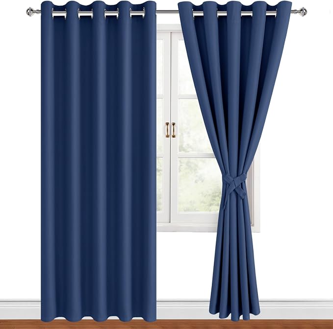 Hiasan Blackout Curtains for Bedroom, 60 x 84 Inches Long - Thermal Insulated & Energy Saving Window Curtains for Living Room, 2 Drape Panels Sewn with Tiebacks, Navy