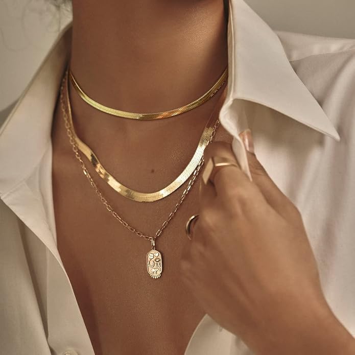 FindChic Black/14K Gold Plated Herringbone Choker Chain Necklace for Women | Waterproof Stainless Steel, Dainty Layering, Flat Snake Chain, Non-Tarnish, Hypoallergenic, Adjustable Extender, Gift Box