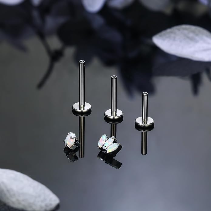 Ruifan Titanium Flat Back Lip Rings Internally Threaded Earrings Studs Nose Rings 16G Opal CZ Tragus Cartilage Lobe Rook Helix Conch Labret Medusa Piercing Jewelry for Women Men W Piercing Taper Set