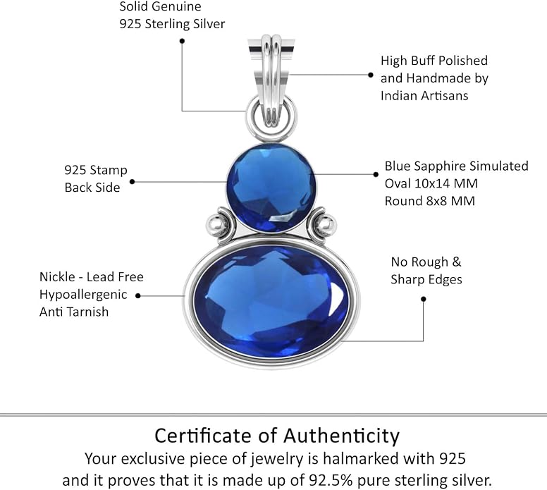 Handmade Genuine 925 Sterling Silver Pendant Necklace Natural Gemstone Crystal, Lapis, Onyx, Amber Oval Round Boho Jewelry For Women