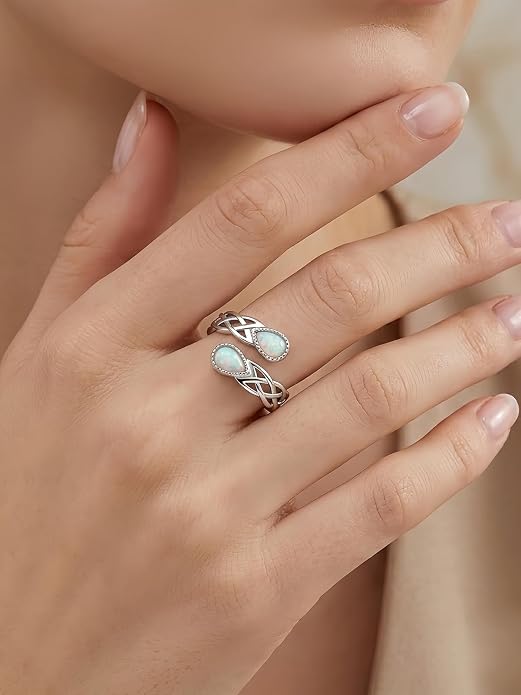 Opal Rings for Women 925 Sterling Silver Celtic Knot Ring | Adjustable Open Ring, Promise Ring, Engagement Ring, Hypoallergenic Jewelry Gift for Women