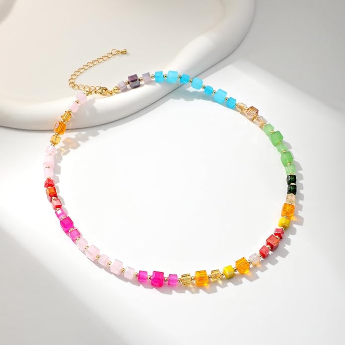 LALAPPLE Colorful Beaded Gemstone Necklace for Women, Boho Rainbow Bead Choker with Natural Stone Crystal Beads, Handmade Summer Beach Necklace Jewelry