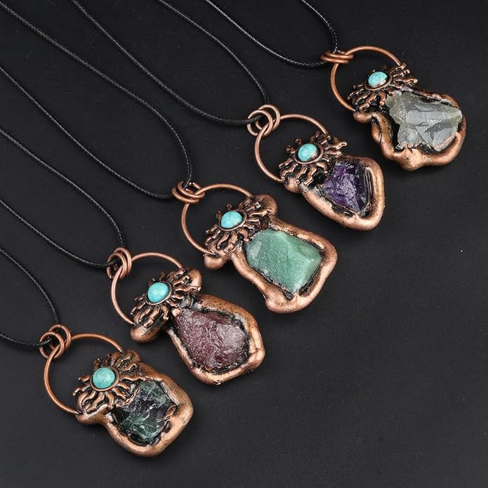 LE SKY 2Pcs Natural Raw Crystal Quartz Pendant Necklaces, Vintage Copper Wrapped Irregular Wire Gemstone Choker, Boho Sun Turquoise Healing Stone Jewelry Gifts for Women