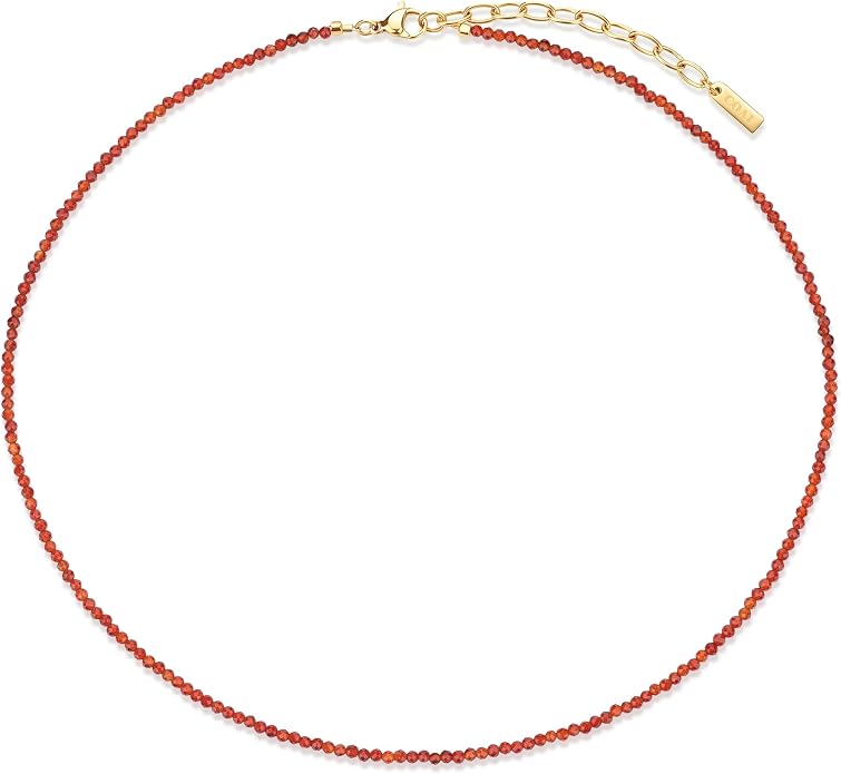 COAI 2mm & 3mm Danity Tiny Bead Necklace for Women, Stone Beaded Crystal Necklace for Women, Sodalite, Australian Jasper, Red Carnelian, Tourmaline, Amethyst, Turquoise Jewelry