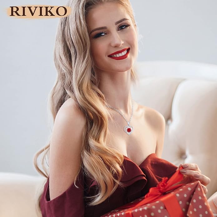 RIVIKO Heart Birthstone Pendant Necklace for Women 925 Sterling Silver Zirconia Necklaces Valentine's Day Anniversary Birthday Mothers Day Jewelry Gifts For Her Mother Wife