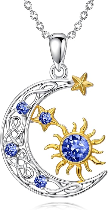PELOVNY Sun and Moon Necklace for Women 925 Sterling Silver Sun Moon Star Birthstone Pendant Necklaces Birthday Christmas Jewelry Gifts for Mom Daughter Wife Sister