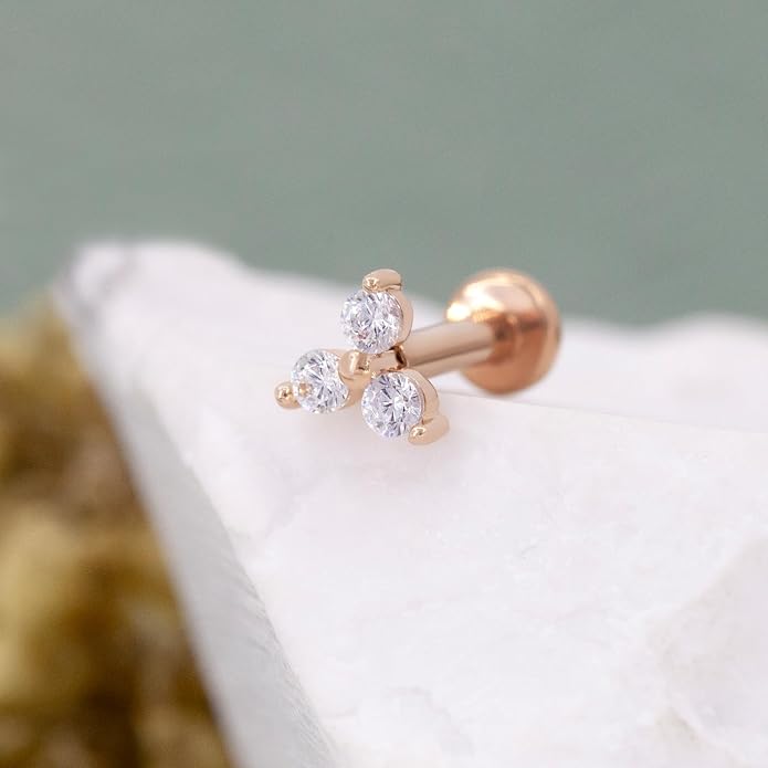 14K Yellow/White/Rose Gold Threadless Earring Top Push in 1 Pcs Triple Clear CZ Flat Back Nose Stud Threadless Cartilage Earring Helix Stud Tragus Piercing Jewelry for Women 6mm/8mm