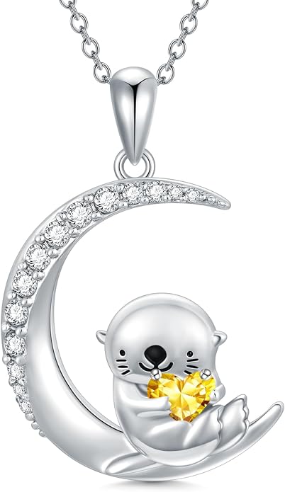 PROESS Animal Birthstone Necklace 925 Sterling Silver Otter/Axolotl/Hippo/Elephant/Dachshund/Monkey/Red Panda Pendant Necklace Animal Birthstone Jewelry Gifts for Women