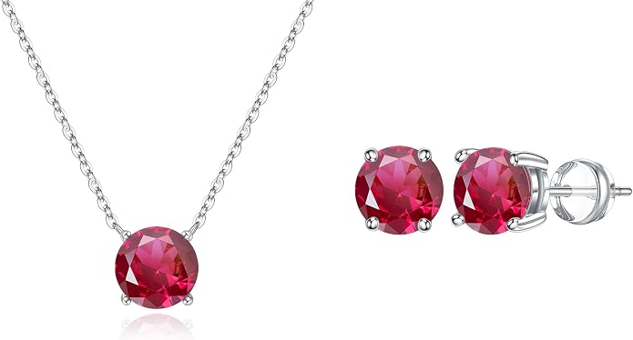 Ursilver Round Birthstone Necklace and Birthstone Earrings for Women sets - S925 Sterling Silver 12 Months Birthstone Necklace for Women Girls Jewelry Birthday Gifts