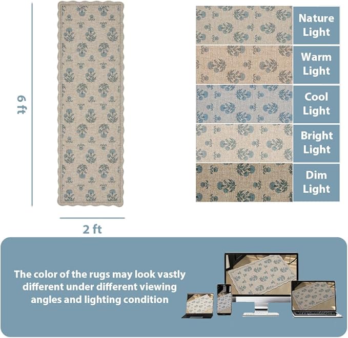 ORTIGIA Scalloped Easy Jute 2x6 Kitchen Runner Rug Vintage Blue Floral Farmhouse Washable Rug Non-Slip Outdoor Carpet for Entryway Indoor Hallway Patio Laundry Room