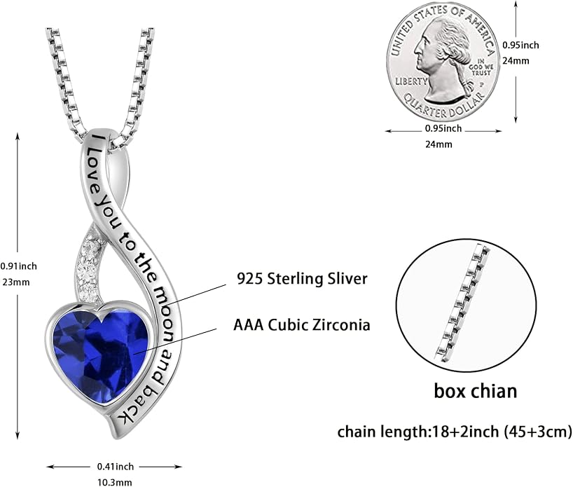 I Love You to The Moon and Back Necklace for Women, 925 Sterling Silver Heart Birthstone Pendant Necklace Jewelry Anniversary Birthday Gifts for Girls Women Wife Mom Daughter