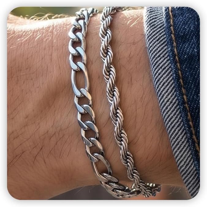 Mens Bracelet - Dainty Gold/Silver Chain Bracelet Stack 14K Gold Plated Silver Bracelets for Men Stainless Steel Adjustable Cross Charm Cuban Link Bracelet Snake Jewelry Set to Men Dad Birthday Day