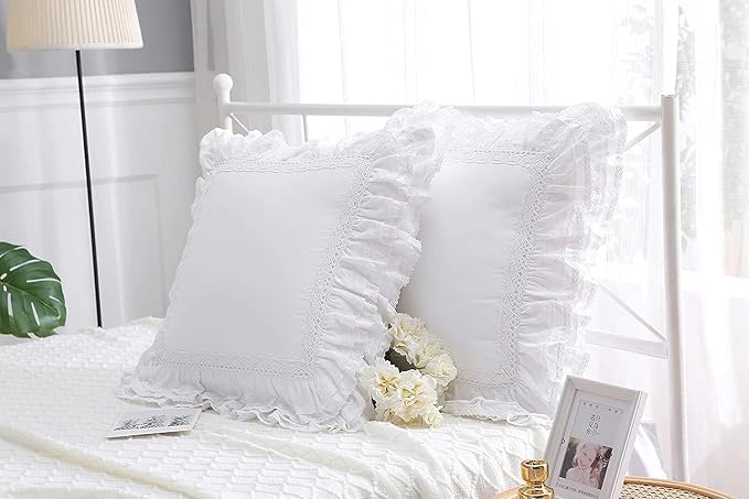 18x18 White Lace Pillow Cases,White Ruffle Throw Pillow Covers 100% Cotton Pillowcase Set of 2,Farmhouse Decorative Square Ruffle Pillow Shams,for Bed Room,Sofa