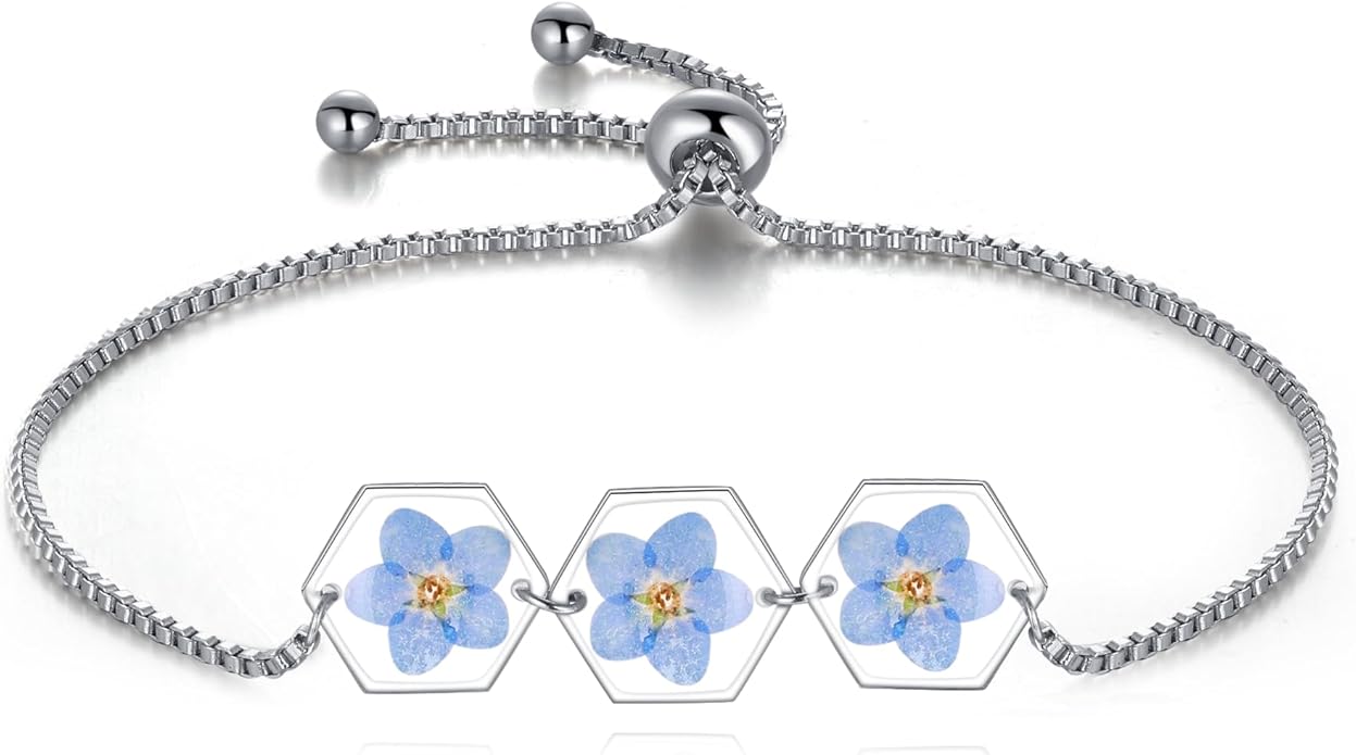 AUNTESIGN Forget-Me-Not Pressed Wildflower Bracelet | Pressed Flower Bracelet | Gold/Silver Pressed Flower Jewelry | Personalized Handmade Jewelry | Gift For Women