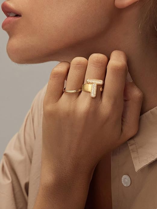 FindChic Initial Ring for Women, Gold Plated Chunky Letter Rings Open Adjustable Trendy Sparkling Cubic Zirconia Personalized Statement Rings Jewelry Gift