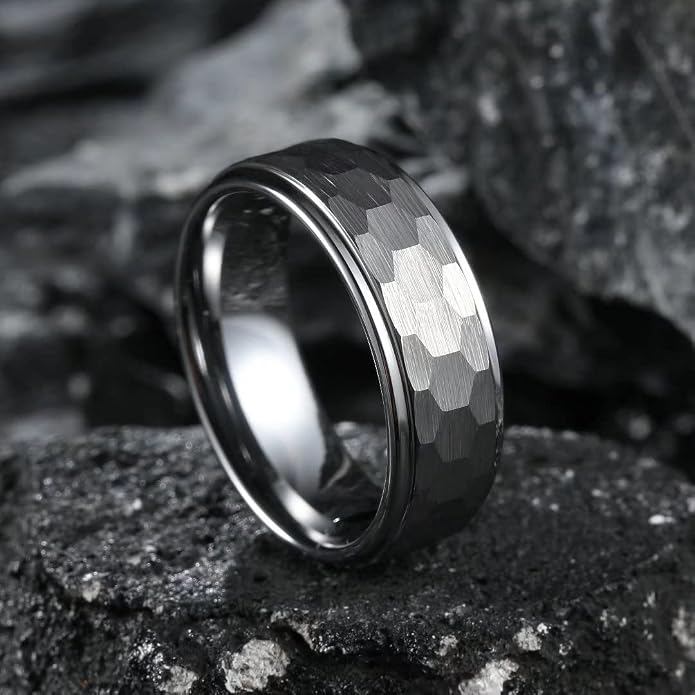 King Will Hammered 8mm Silver Tungsten Ring Hammer Men Wedding Band Comfort Fit
