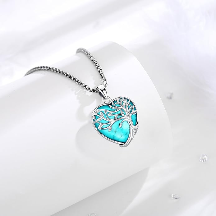 Turquoise/Amethyst/Moonstone/Black Onyx Tree of Life Necklace for Women Hummingbird Necklaces White Gold Plated Copper Jewelry