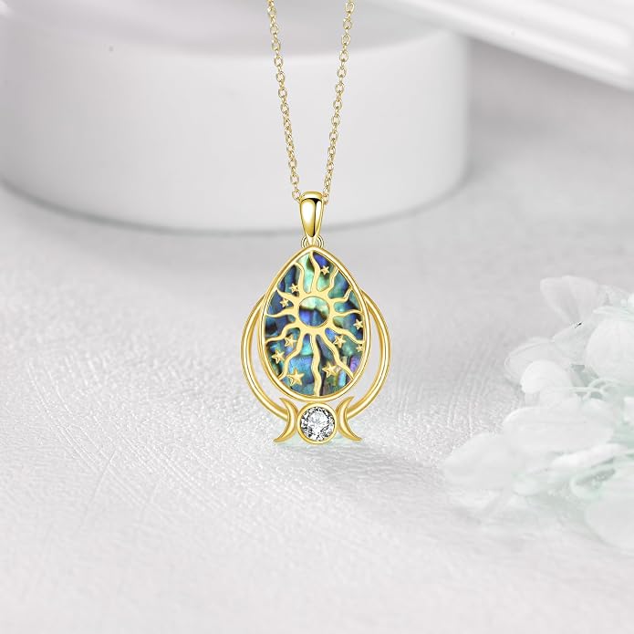 14k Gold Plated Abalone Shell Pendant Necklace For Women Fashion Sun & Star Crescent Necklace With Silver Cable Chain Jewelry Gifts, 18" + 2" Inches