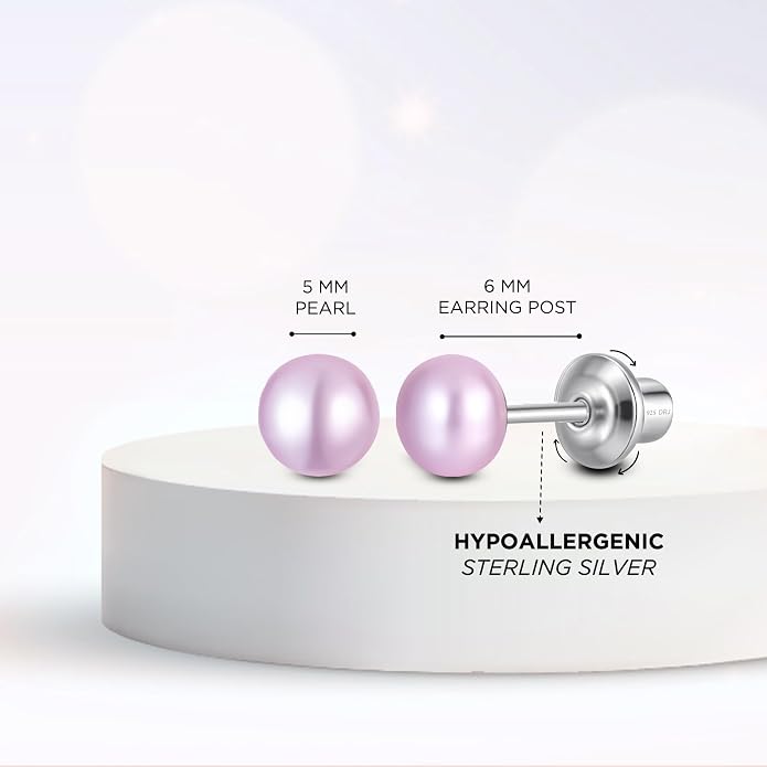 Pearl Screw Back Stud Earrings for Baby, Toddler, Girls | Hypoallergenic 925 Sterling Silver Screwback Safety Earrings | Simulated Pearl Studs for Sensitive Ears | Keepsake Gift for Birthdays Holidays Special Occasions
