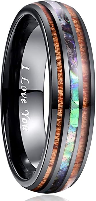 Vakki 6mm/8mm Tungsten Rings for Men Hawaiian Koa Wood Inlay Dome Abalone Shell/Blue Center Wedding Bands Comfort Fit Size 4 to 17