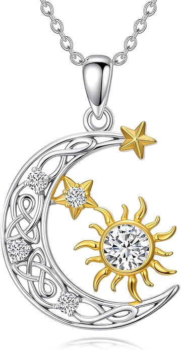PELOVNY Sun and Moon Necklace for Women 925 Sterling Silver Sun Moon Star Birthstone Pendant Necklaces Birthday Christmas Jewelry Gifts for Mom Daughter Wife Sister