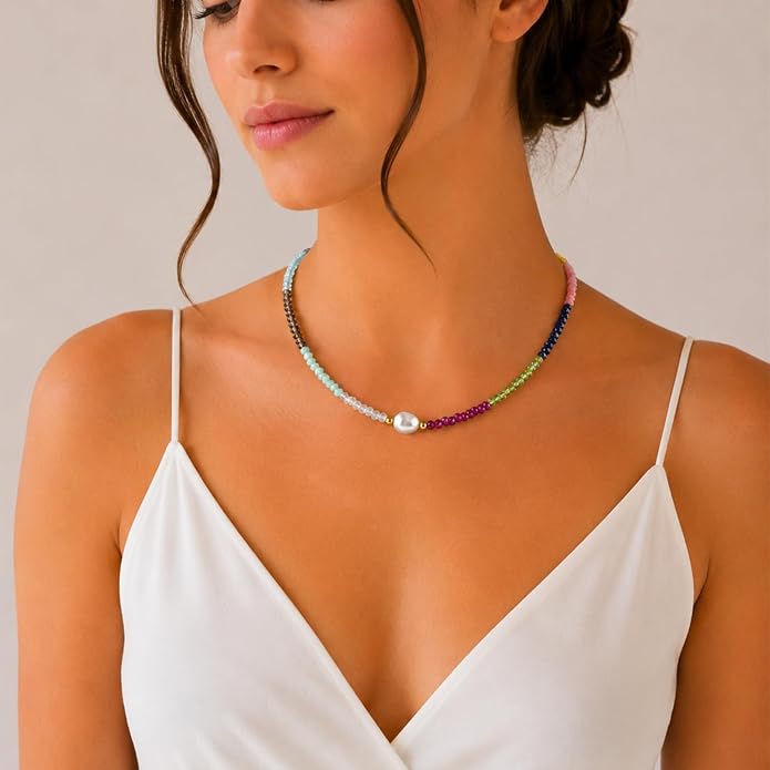 InfinityGemsArt Gemstone Gold Necklace For Women, Birthstone Natural Crystal Stone With Freshwater Pearl Beaded Jewelry, Gold Plated 18 Inch Chain