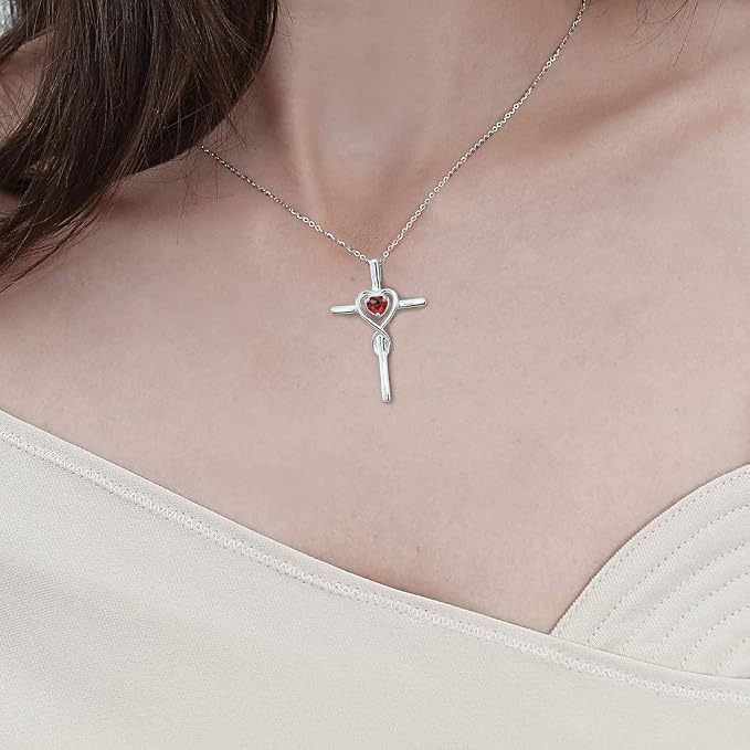 FANCIME Birthstone Cross Necklace for Women Birthstone Necklace Heart Infinity Cross Pendant Necklace Fine Jewelry Christmas Birthday Holiday Gifts for Her, 16"+2" Inches
