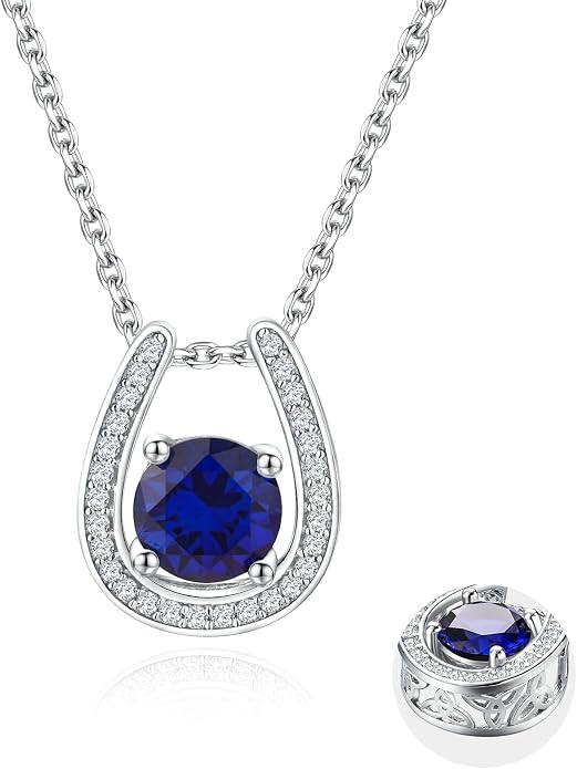 925 Sterling Silver Horseshoe Necklace for Women Round Gemstone Birthstone Necklace Sapphire/Emerald/Ruby/CZ Horse Shoe Pendant Necklaces Jewelry Gift
