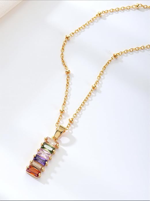 Rainbow Bar Pendant Necklace, Dainty Geometric 18K Gold Plated Colorful Zircon Necklace, Aurora-Inspired Jewelry for Women, Ideal Gift for Birthday Anniversary Holiday
