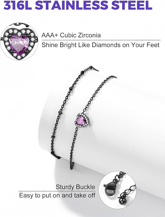 Richsteel Double Layer Heart/Butterfly Birthstone Anklet for Women Non Tarnish Waterproof, Silver/Gold/Black Stainless Steel 8.5-10.5 Inch Adjustable Chain Anklets Jewelry Gifts for Her