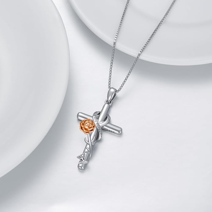 Cross Necklace for Women 925 Sterling Silver I Love You Necklace Religious Jewelry with Gift Box for Mother Daughter