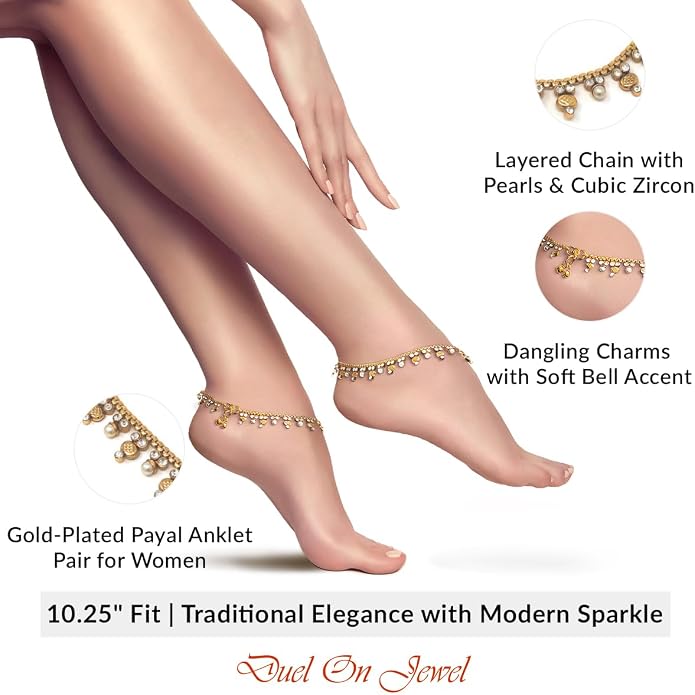 Duel On Jewel Gold Payal Set for Women, Indian Paayal Jhanjar Chain Anklets with Bell Detail, Foot Jewelry Pair, 10 Inch Comfort Fit, Traditional & Dainty Styles for Wedding Beach Everyday Gift