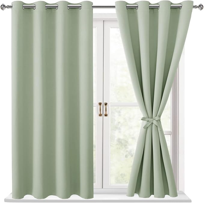 Hiasan Blackout Curtains for Bedroom - Thermal Insulated & Light Blocking Window Curtains for Living Room/Kids Room, 2 Drape Panels Sewn with Tiebacks, Seafoam Green, 52 x 45 Inch