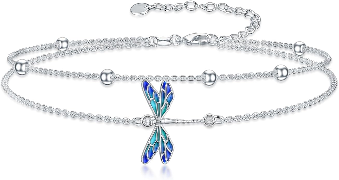Dragonfly/Evil Eye/Hamsa Evil Eye/Lotus/Mushroom Anklet Bracelets for Women Sterling Silver Adjustable Double Layered Bracelet Anklet Mother's Day Jewelry Gifts Beach Jewelry