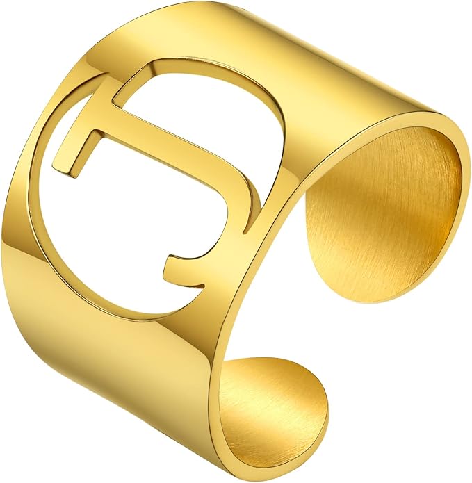 KeyStyle Bold Initial Letter Rings Adjustable, GoldChic Jewelry Women Gold Statement Ring Personalized Engraved Women’s Open Signet Ring for Party (Gold, White Gold, Black)