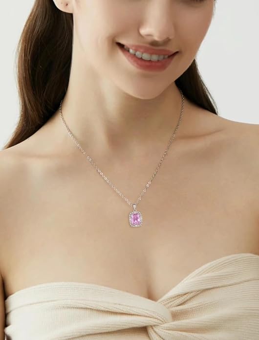Princess Cut Necklaces for Women, 925 Sterling Silver Emerald Cut Birthstone Pendant Necklace Halo Square Rectangle Jewelry Gifts for Her