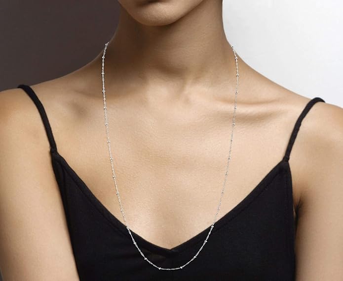 Miabella Italian 925 Sterling Singapore Bead Chain Station Necklace for Women, Made in Italy