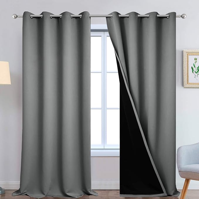 Yakamok Grey Blackout Curtains 108 Inches Long for Bedroom 52" Wide 2 Pcs | Blackout Curtain Panels for Bedroom, 2 Thick Layers Grommet Top Thermal Insulated Drapes with Black Liner for Living Room