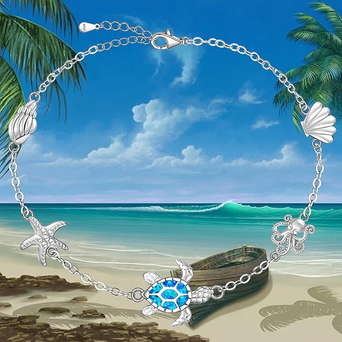 Sea Turtle Ankle Bracelets for Women Blue Opal Sterling Silver Beach Starfish Octopus Conch Ocean Anklets Jewelry Gifts