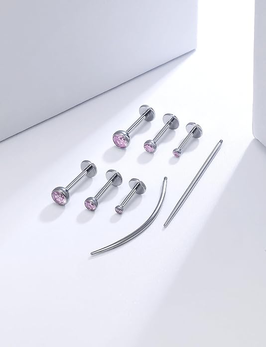 20G 18G 16G Astm F136 Titanium Internally Threaded Flat Back Earrings Nose Rings Studs G23 Titanium Tragus Helix Conch Cartilage Earrings Studs Piercing Jewelry For Women Men Clear Pink CZ