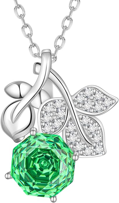 Aurora Tears Birthstone Rose Pendant Necklace - 925 Sterling Silver Rose Cut Cubic Zirconia Flower Leaf Necklace Anniversary Birthday Jewelry Gift for Women Wife Mom Daughter