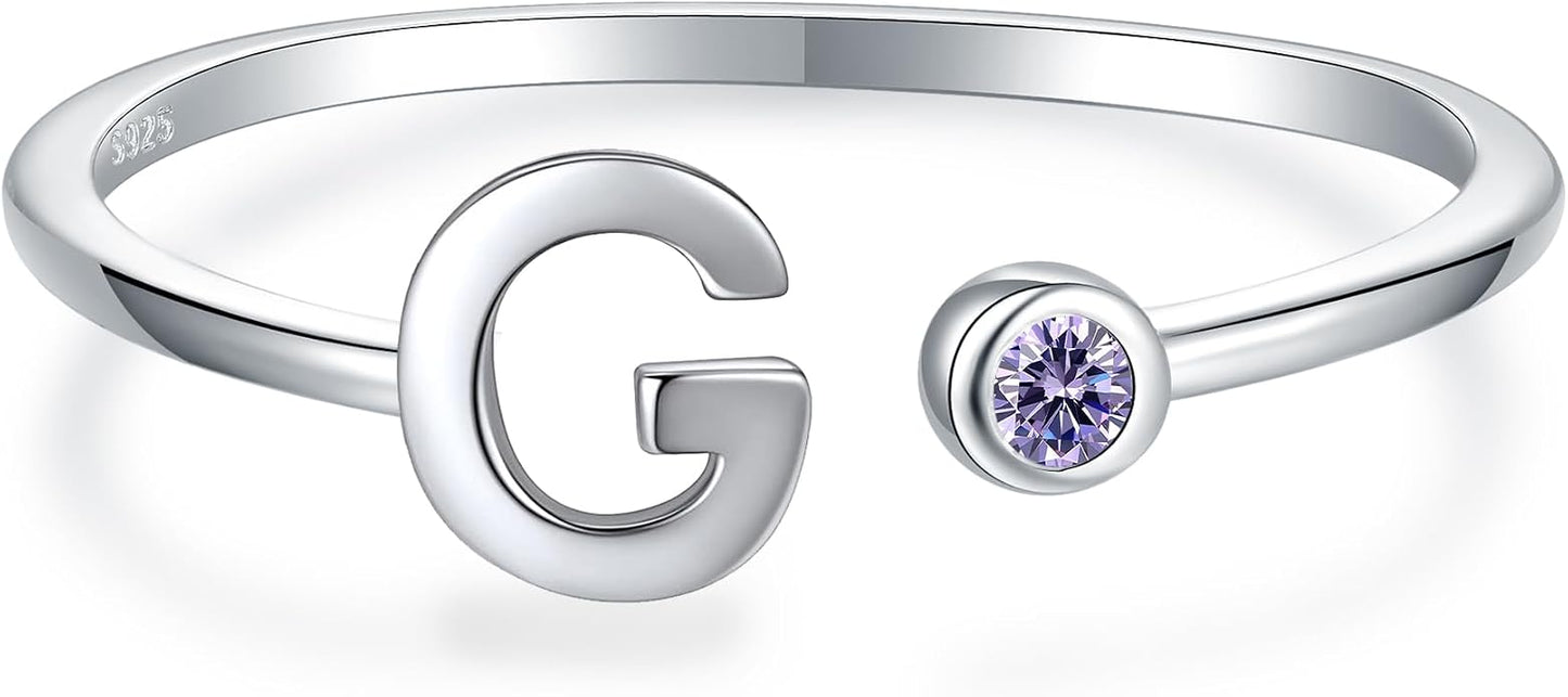 925 Sterling Silver Initial Letter Birthstone Rings for Women Adjustable 1-12 Month Birthstone Alphabet Stacking Ring for Teens Girls Stackable Birthstone Rings Birthday Jewelry Gift for Daughter Mom