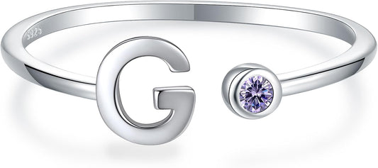 925 Sterling Silver Initial Letter Birthstone Rings for Women Adjustable 1-12 Month Birthstone Alphabet Stacking Ring for Teens Girls Stackable Birthstone Rings Birthday Jewelry Gift for Daughter Mom