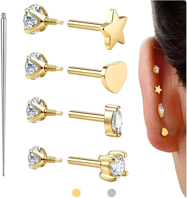 GEMQUEEN Reversible Flat Back Earrings Studs Hypoallergenic - 14K Gold Filled Surgical Steel Earring 18G Cartilage Helix Tragus Conch Piercing Jewelry Extended Internal Thread Earrings for Women Men